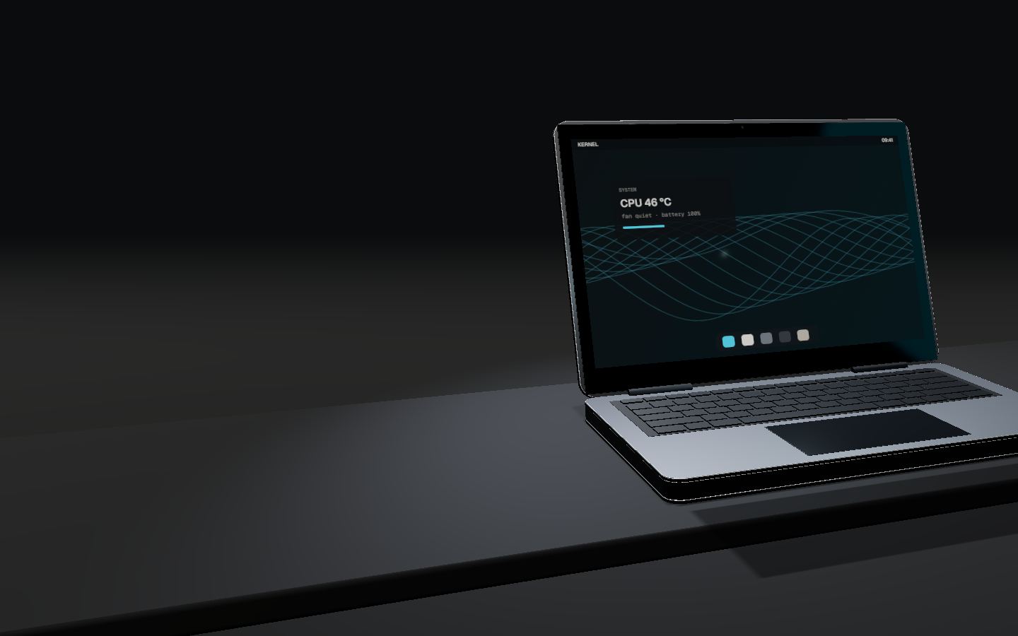 The laptop sits to the side, open and running.