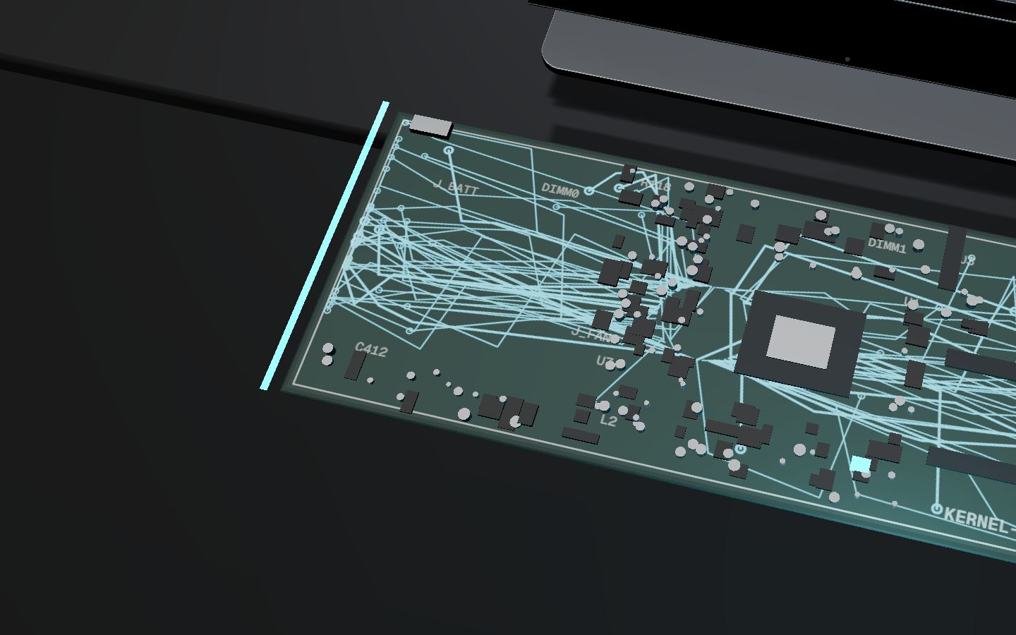 A scan line sweeps across the motherboard and its traces light up. One small component pulses red: the fault. It is replaced and turns cyan.