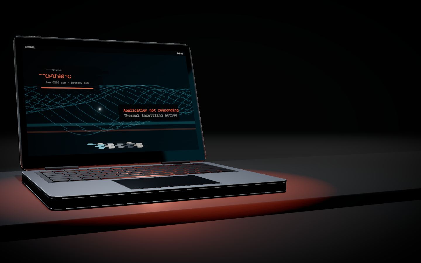 The screen flickers and glitches. The underside glows amber with heat and the fan spins hard.
