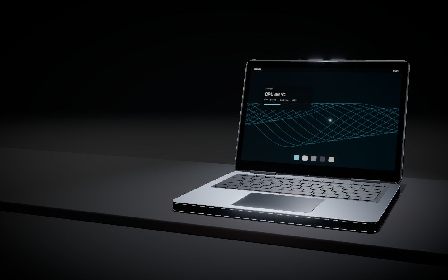 A closed laptop rests in darkness, lit only along its edge. Its lid opens and the screen’s glow spills over the keyboard.
