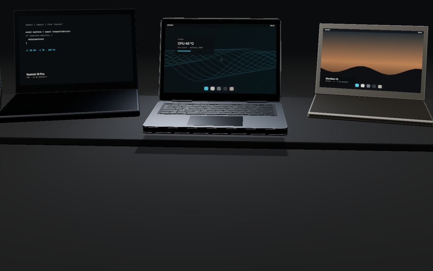 The camera pulls back. The laptop now sits on a dark display plinth among several others from the shop’s stock.