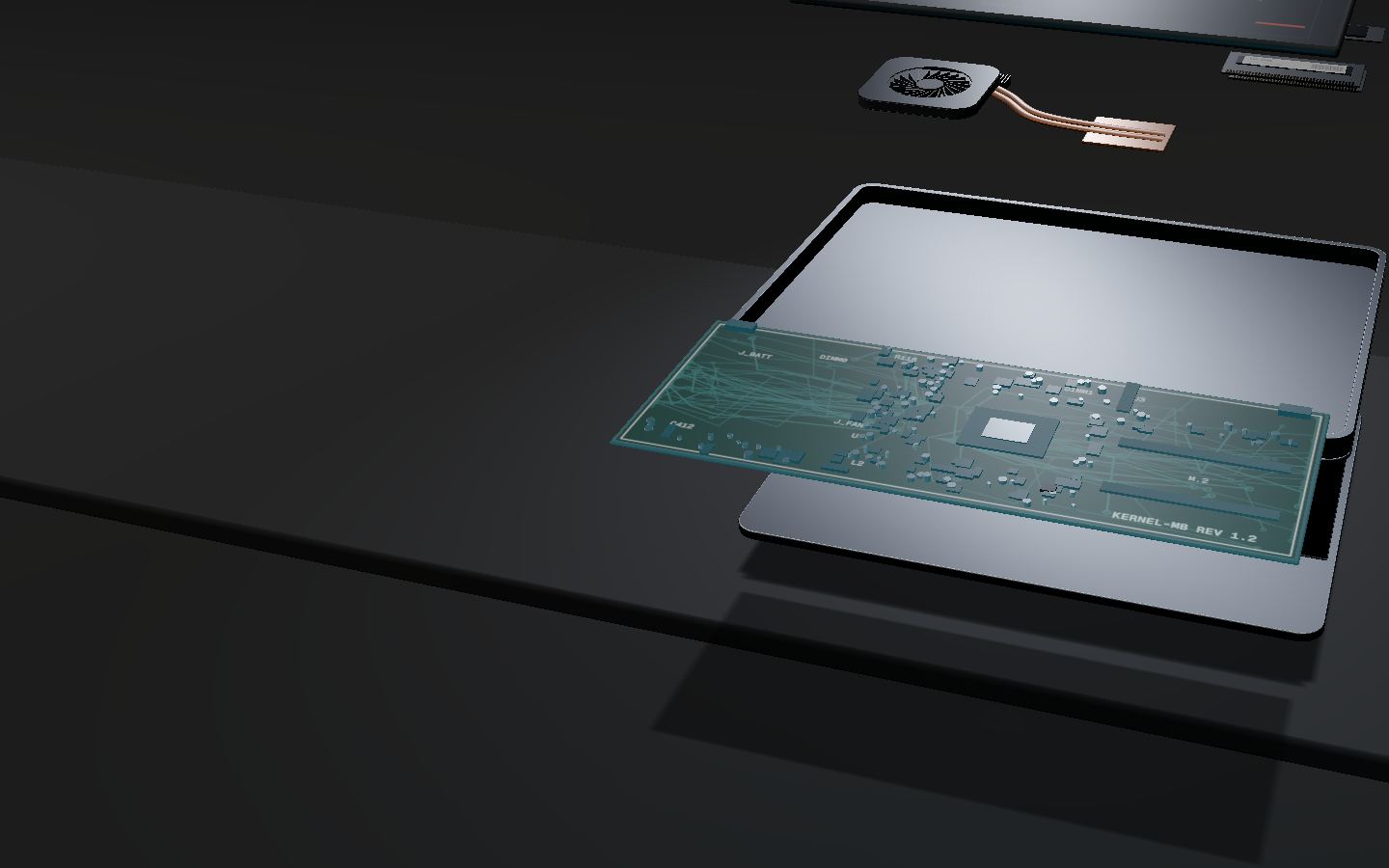 The chip-level board repair part lifts forward out of the exploded laptop and is lit in cyan while the other parts dim.