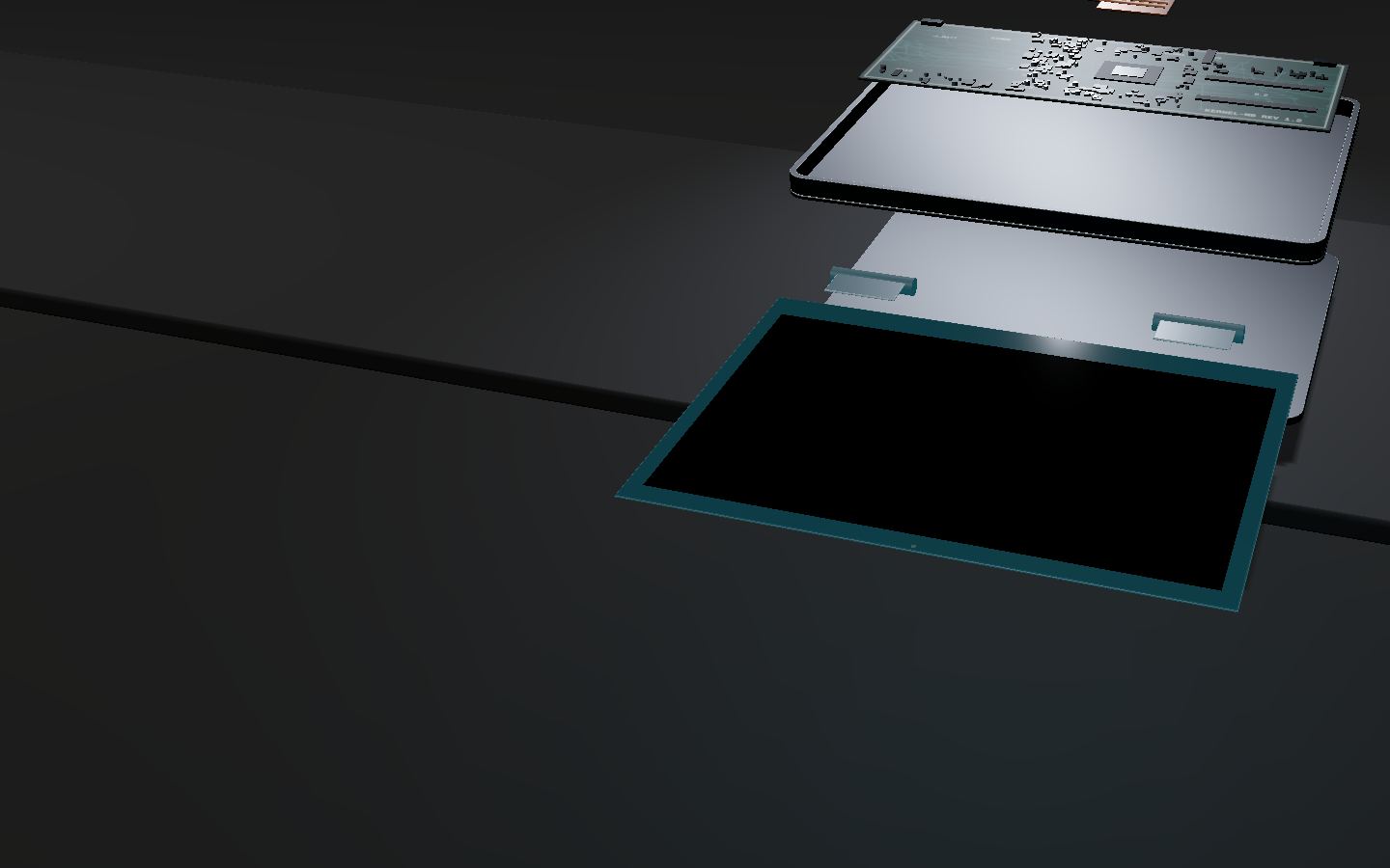 The screen & hinge replacement part lifts forward out of the exploded laptop and is lit in cyan while the other parts dim.