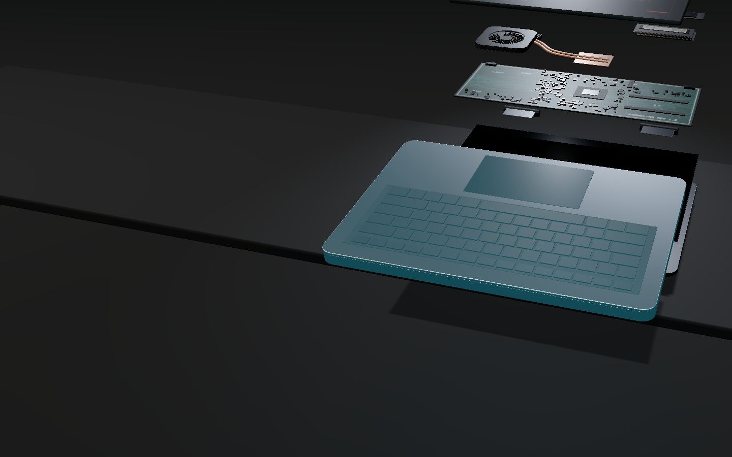 The keyboard, trackpad & liquid damage part lifts forward out of the exploded laptop and is lit in cyan while the other parts dim.