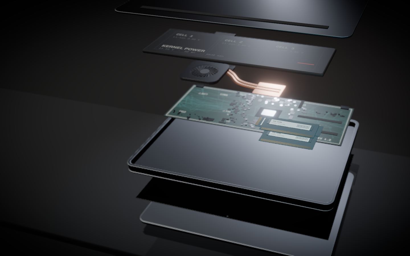 The upgrades & data recovery part lifts forward out of the exploded laptop and is lit in cyan while the other parts dim.