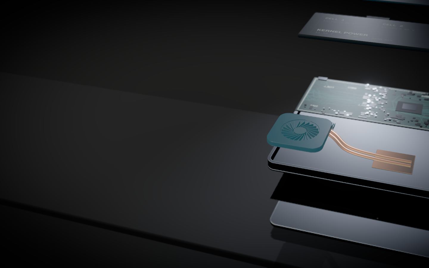 The thermal clean & repaste part lifts forward out of the exploded laptop and is lit in cyan while the other parts dim.