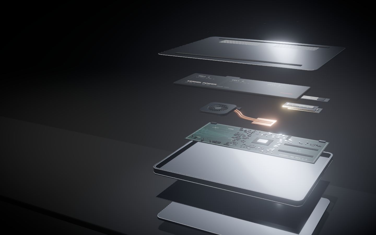 The laptop rolls over, the bottom cover lifts away and the machine separates into layers: bottom cover, battery, SSD, RAM, fan and heat pipes, motherboard, keyboard deck, hinge and display panel.