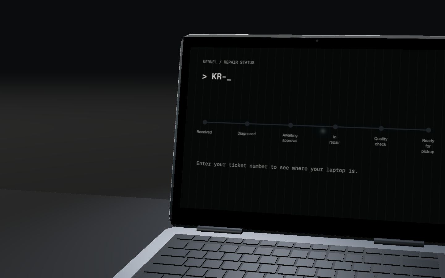 The camera moves to the laptop’s screen, which shows the repair status timeline.